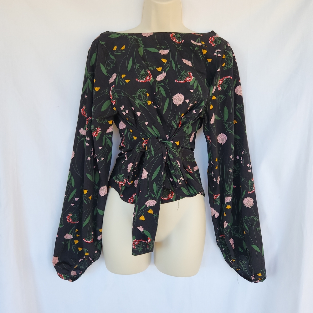 LoveRiche Black Floral Tie Back Blouse Boho Long Statement Sleeve Top M